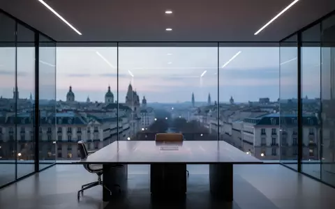 Ein minimalistischer, leerer Konferenzraum mit Glaswänden und Blick auf eine europäische Stadt bei Dämmerung. - Foto: über boerse-global.de