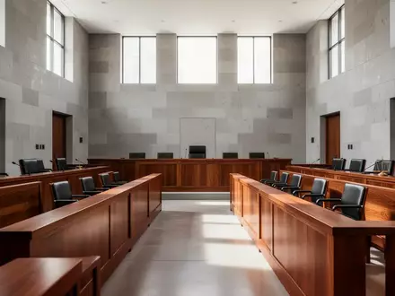 Ein leerer, modern gestalteter Gerichtssaal mit Holzbänken und neutralen Wänden in einer sachlichen, professionellen Atmosphäre. - Foto: über boerse-global.de