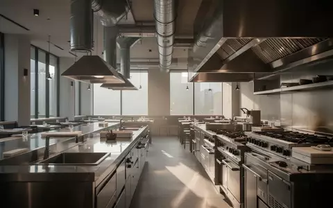 Ein minimalistisch gestalteter, leerer Küchenbereich eines modernen Gastronomiebetriebs mit Edelstahloberflächen. - Foto: über boerse-global.de