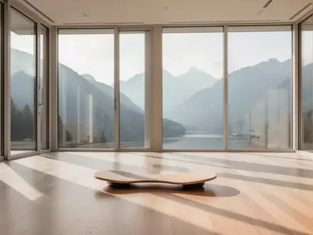 Ein heller, minimalistischer Trainingsraum in einer Reha-Einrichtung mit Holzboden und Blick auf eine Berglandschaft. - Foto: über boerse-global.de