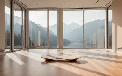 Ein heller, minimalistischer Trainingsraum in einer Reha-Einrichtung mit Holzboden und Blick auf eine Berglandschaft. - Foto: über boerse-global.de