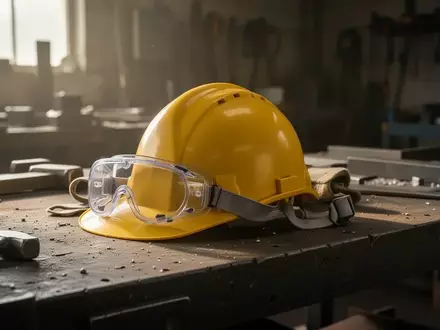 Symbolbild: Schutzhelm und Schutzbrille auf einer Werkbank - Foto: über boerse-global.de