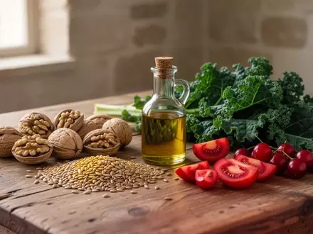 Frische mediterrane Lebensmittel wie Walnüsse, Leinöl, Beeren und grünes Blattgemüse auf einem Holztisch. - Foto: über boerse-global.de