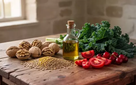 Frische mediterrane Lebensmittel wie Walnüsse, Leinöl, Beeren und grünes Blattgemüse auf einem Holztisch. - Foto: über boerse-global.de