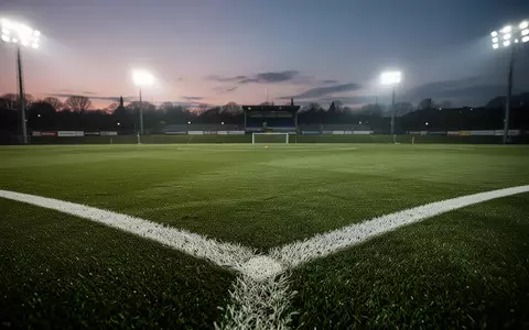 Ein perfekt gepflegter Fußballrasen unter Flutlicht am Abend ohne Spieler. - Foto: über boerse-global.de