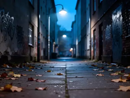 Eine menschenleere, abendliche Gasse in Berlin mit einer flackernden Straßenlaterne und herbstlichem Laub auf dem Boden. - Foto: über boerse-global.de