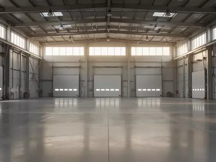 Eine leere, weitläufige Industriehalle mit poliertem Betonboden und hohen Decken, durch die natürliches Licht fällt. - Foto: über boerse-global.de