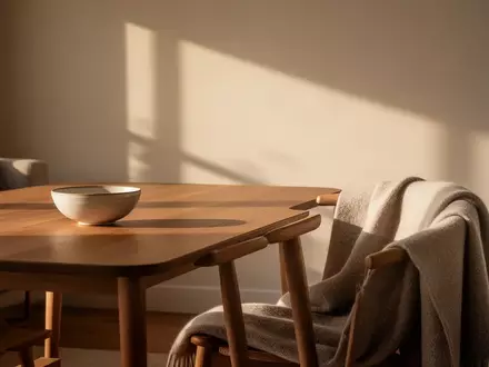 Ein minimalistisch eingerichtetes, sonnendurchflutetes Wohnzimmer mit einem Holztisch und einer weichen Decke auf einem Stuhl. - Foto: über boerse-global.de