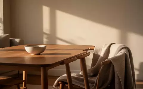 Ein minimalistisch eingerichtetes, sonnendurchflutetes Wohnzimmer mit einem Holztisch und einer weichen Decke auf einem Stuhl. - Foto: über boerse-global.de