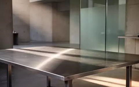 Ein minimalistischer, moderner Arbeitsplatz in einem Designstudio mit klaren Linien und weichem Morgenlicht auf einer Oberfläche aus gebürstetem Aluminium. - Foto: über boerse-global.de
