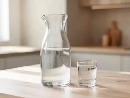 Eine klare Glaskaraffe mit frischem Wasser auf einem hellen Holztisch in einer hellen, modernen Küche. - Foto: über boerse-global.de