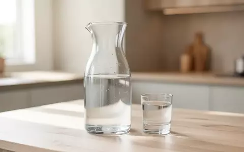 Eine klare Glaskaraffe mit frischem Wasser auf einem hellen Holztisch in einer hellen, modernen Küche. - Foto: über boerse-global.de