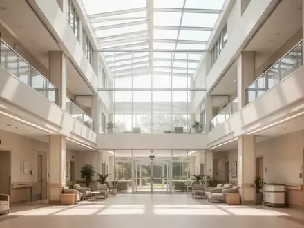 Ein lichtdurchflutetes, modernes Krankenhaus-Atrium mit minimalistischer Architektur und klaren Linien. - Foto: über boerse-global.de