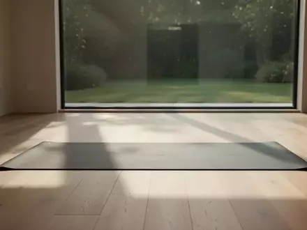Ein heller, minimalistischer Raum mit einer ausgerollten Yogamatte auf einem Holzboden vor einem Fenster zum Garten. - Foto: über boerse-global.de