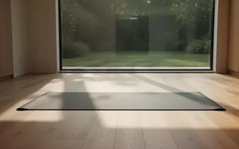 Ein heller, minimalistischer Raum mit einer ausgerollten Yogamatte auf einem Holzboden vor einem Fenster zum Garten. - Foto: über boerse-global.de
