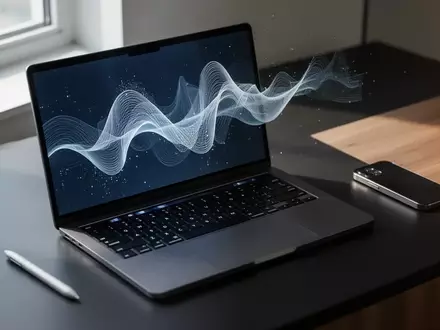Ein moderner Arbeitsplatz mit einem Laptop, auf dem abstrakte digitale Datenvisualisierungen in Blau- und Weißtönen zu sehen sind. - Foto: über boerse-global.de