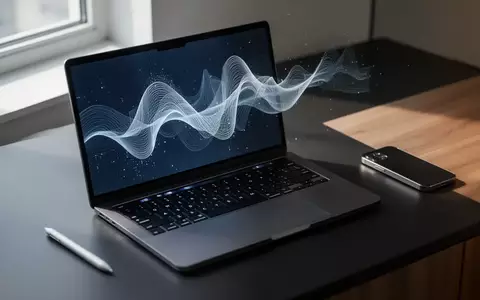 Ein moderner Arbeitsplatz mit einem Laptop, auf dem abstrakte digitale Datenvisualisierungen in Blau- und Weißtönen zu sehen sind. - Foto: über boerse-global.de