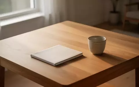 Ein aufgeräumter, minimalistischer Schreibtisch mit einem Notizbuch und einer Tasse in natürlichem Licht. - Foto: über boerse-global.de