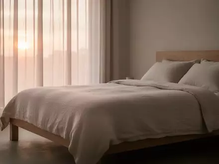 Ein minimalistisch eingerichtetes Schlafzimmer mit hochwertiger Bettwäsche bei sanftem Tageslicht. - Foto: über boerse-global.de