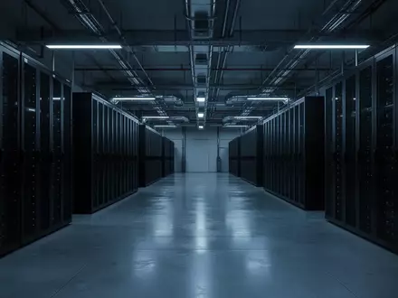 Reihen unbeschrifteter, dunkler Server-Racks in einem modernen Rechenzentrum mit kühler Beleuchtung. - Foto: über boerse-global.de