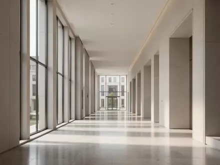 Ein heller, minimalistischer Flur in einem modernen Verwaltungsgebäude mit klaren architektonischen Linien und Tageslicht. - Foto: über boerse-global.de