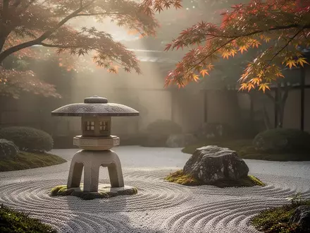 Ein minimalistischer japanischer Garten mit einer Steinlaterne und geharktem Kies in sanftem Morgenlicht. - Foto: über boerse-global.de