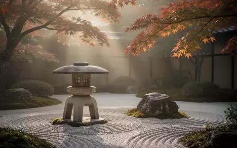 Ein minimalistischer japanischer Garten mit einer Steinlaterne und geharktem Kies in sanftem Morgenlicht. - Foto: über boerse-global.de