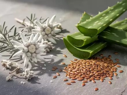 Nahaufnahme von natürlichen Inhaltsstoffen wie Edelweißblüten, Aloe-Vera-Blättern und Leinsamen auf einer Steinplatte. - Foto: über boerse-global.de