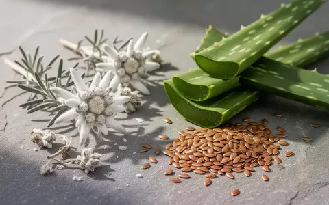 Nahaufnahme von natürlichen Inhaltsstoffen wie Edelweißblüten, Aloe-Vera-Blättern und Leinsamen auf einer Steinplatte. - Foto: über boerse-global.de