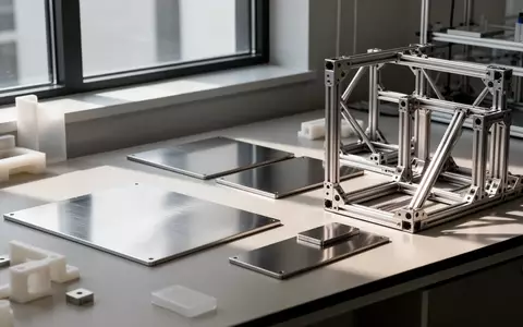 Ein minimalistischer Arbeitsbereich mit technischem Material wie Titanplatten und Polymeren in einem hellen, klinischen Umfeld. - Foto: über boerse-global.de