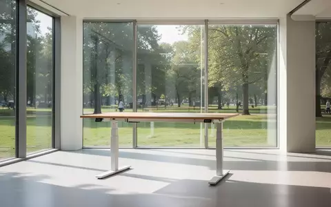 Ein lichtdurchfluteter, minimalistischer Arbeitsbereich mit einem höhenverstellbaren Holztisch und Blick ins Grüne. - Foto: über boerse-global.de