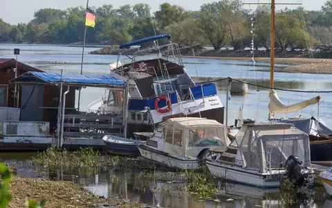 Zu wenig Wasser: Bei Oestrich-Winkel im hessischen Rheingau liegen Sportboote auf dem Grund des Rheins.  - Foto: Thomas Frey/dpa