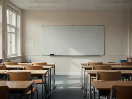 Ein heller, moderner Klassenraum in einer Schule mit leeren Tischen und Stühlen vor einer sauberen weißen Tafel. - Foto: über boerse-global.de