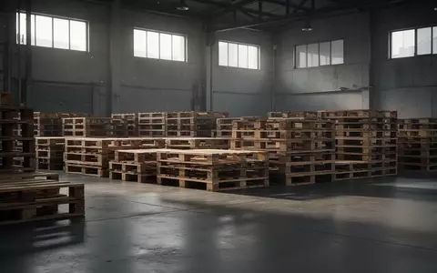 Ein leeres, industrielles Lagerhaus mit gestapelten Holzpaletten auf einem Betonboden bei einfallendem Tageslicht. - Foto: über boerse-global.de