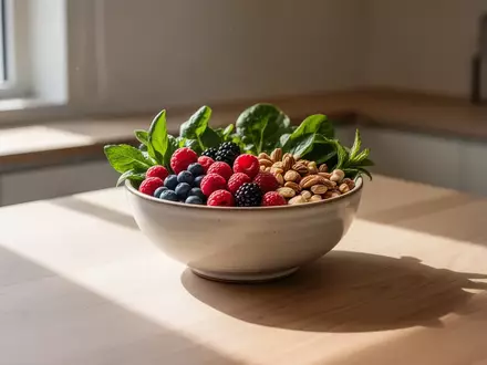 Eine Schale mit frischen Lebensmitteln wie Beeren, Nüssen und grünem Blattgemüse auf einem hellen Holztisch in einer Küche. - Foto: über boerse-global.de