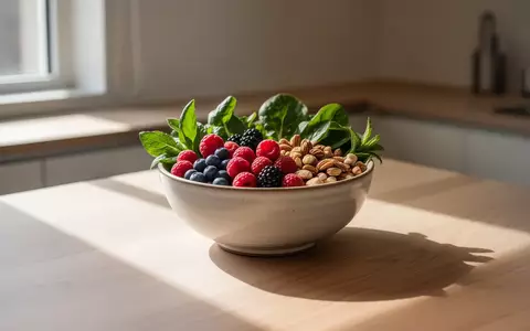 Eine Schale mit frischen Lebensmitteln wie Beeren, Nüssen und grünem Blattgemüse auf einem hellen Holztisch in einer Küche. - Foto: über boerse-global.de