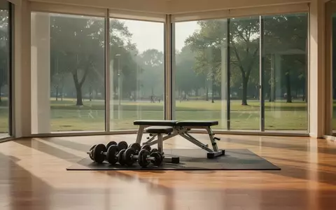 Ein heller, minimalistischer Fitnessraum mit Hantelbank und Kurzhanteln vor einer großen Fensterfront mit Blick ins Grüne. - Foto: über boerse-global.de