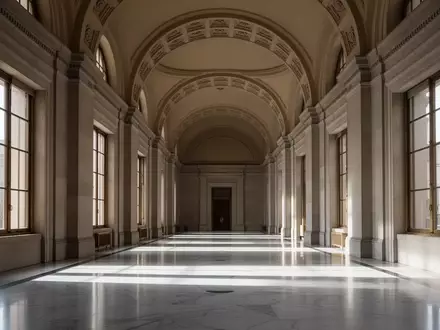 Ein leerer, architektonisch beeindruckender Flur in einem Regierungsgebäude mit Marmorböden und einfallendem Tageslicht. - Foto: über boerse-global.de