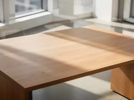 Ein minimalistischer, leerer Schreibtisch in einem hellen, sonnendurchfluteten Büro mit Fokus auf Holztexturen. - Foto: über boerse-global.de