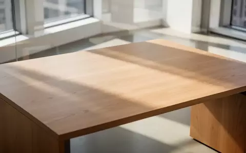 Ein minimalistischer, leerer Schreibtisch in einem hellen, sonnendurchfluteten Büro mit Fokus auf Holztexturen. - Foto: über boerse-global.de