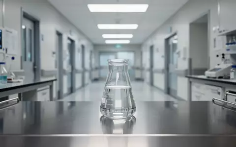 Ein steriles Laborumfeld mit medizinischen Edelstahlflächen und einem gläsernen Laborgefäß auf einem Arbeitstisch. - Foto: über boerse-global.de