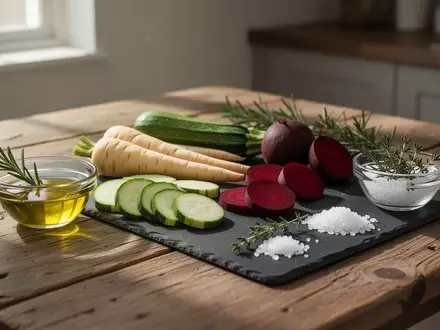 Frische Gemüsescheiben wie Zucchini, Pastinaken und Rote Bete auf einem Küchentisch mit Kräutern und Gewürzen - Foto: über boerse-global.de