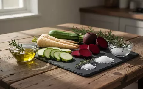 Frische Gemüsescheiben wie Zucchini, Pastinaken und Rote Bete auf einem Küchentisch mit Kräutern und Gewürzen - Foto: über boerse-global.de