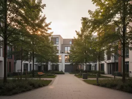 Ein ruhiger, moderner Innenhof in einem Hamburger Wohnviertel mit Bäumen und Gehwegen bei natürlichem Tageslicht. - Foto: über boerse-global.de