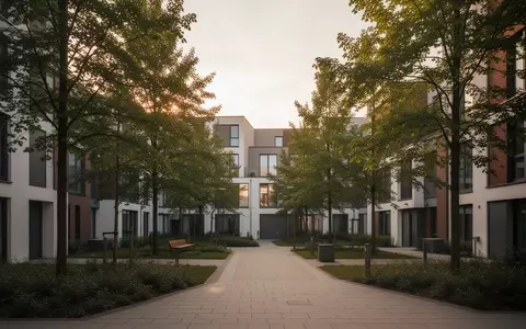Ein ruhiger, moderner Innenhof in einem Hamburger Wohnviertel mit Bäumen und Gehwegen bei natürlichem Tageslicht. - Foto: über boerse-global.de