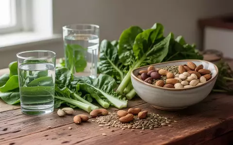 Frisches grünes Blattgemüse, ein Glas Wasser und eine Schale mit Nüssen auf einer hölzernen Küchenoberfläche. - Foto: über boerse-global.de