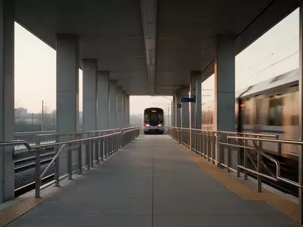 Leerer, moderner Bahnsteig mit Betonpfeilern und Stahlelementen in der Morgendämmerung. - Foto: über boerse-global.de