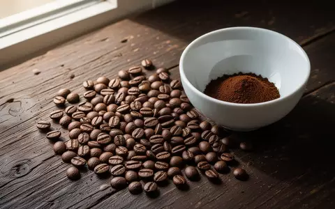 Geröstete Kaffeebohnen und Kaffeepulver auf einem dunklen Holztisch in natürlichem Licht - Foto: über boerse-global.de