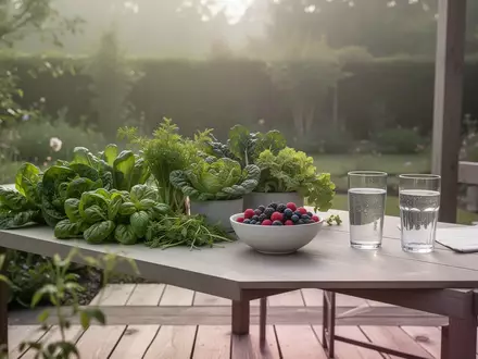 Ein sonniger, ruhiger Gartenbereich mit frischem Gemüse und Beeren auf einem minimalistischen Holztisch. - Foto: über boerse-global.de