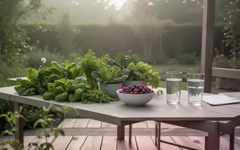 Ein sonniger, ruhiger Gartenbereich mit frischem Gemüse und Beeren auf einem minimalistischen Holztisch. - Foto: über boerse-global.de